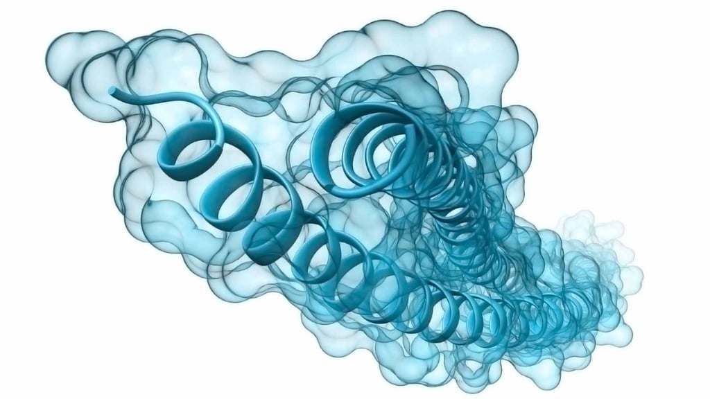Coiled blue ribbons splaying forward to represent sirtuins and NAD science
