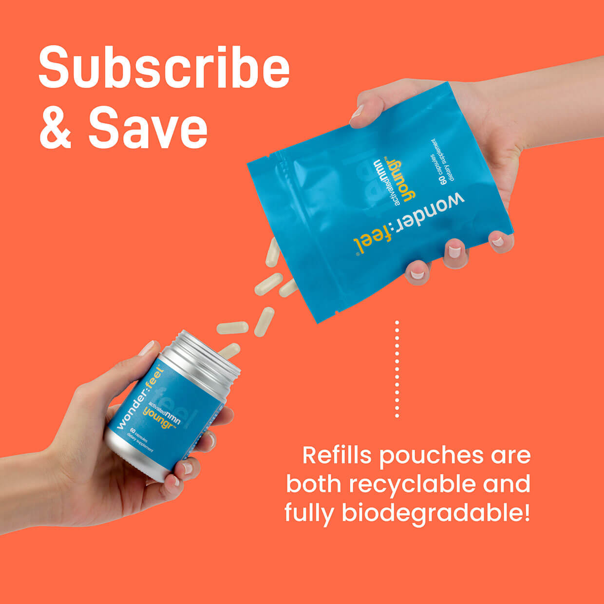 A woman pours capsules from a biodegradable refill pouch into a bottle