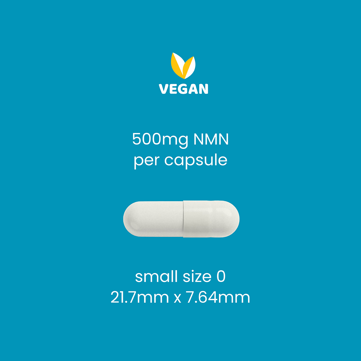 Wonderfeel 500 mg NMN capsule, size 0, dimensions 21.7mm x 7.64mm