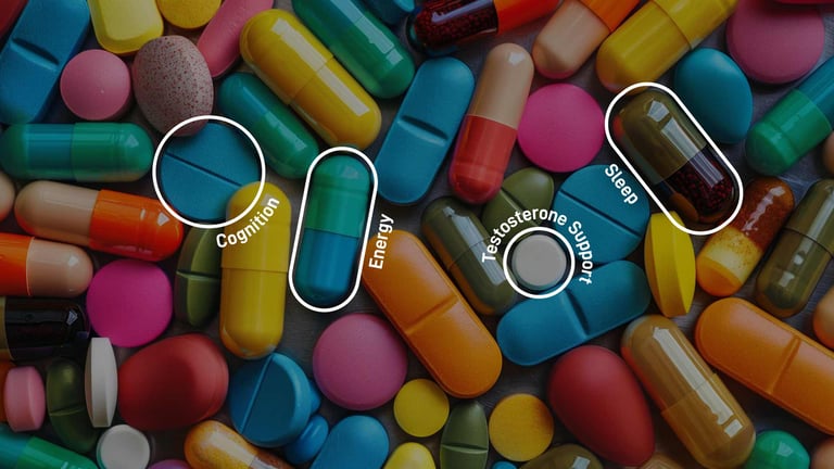 Una colorida variedad de píldoras y cápsulas, con cuatro resaltadas para "Cognición", "Energía", "Suplemento de testosterona" y "Sueño"