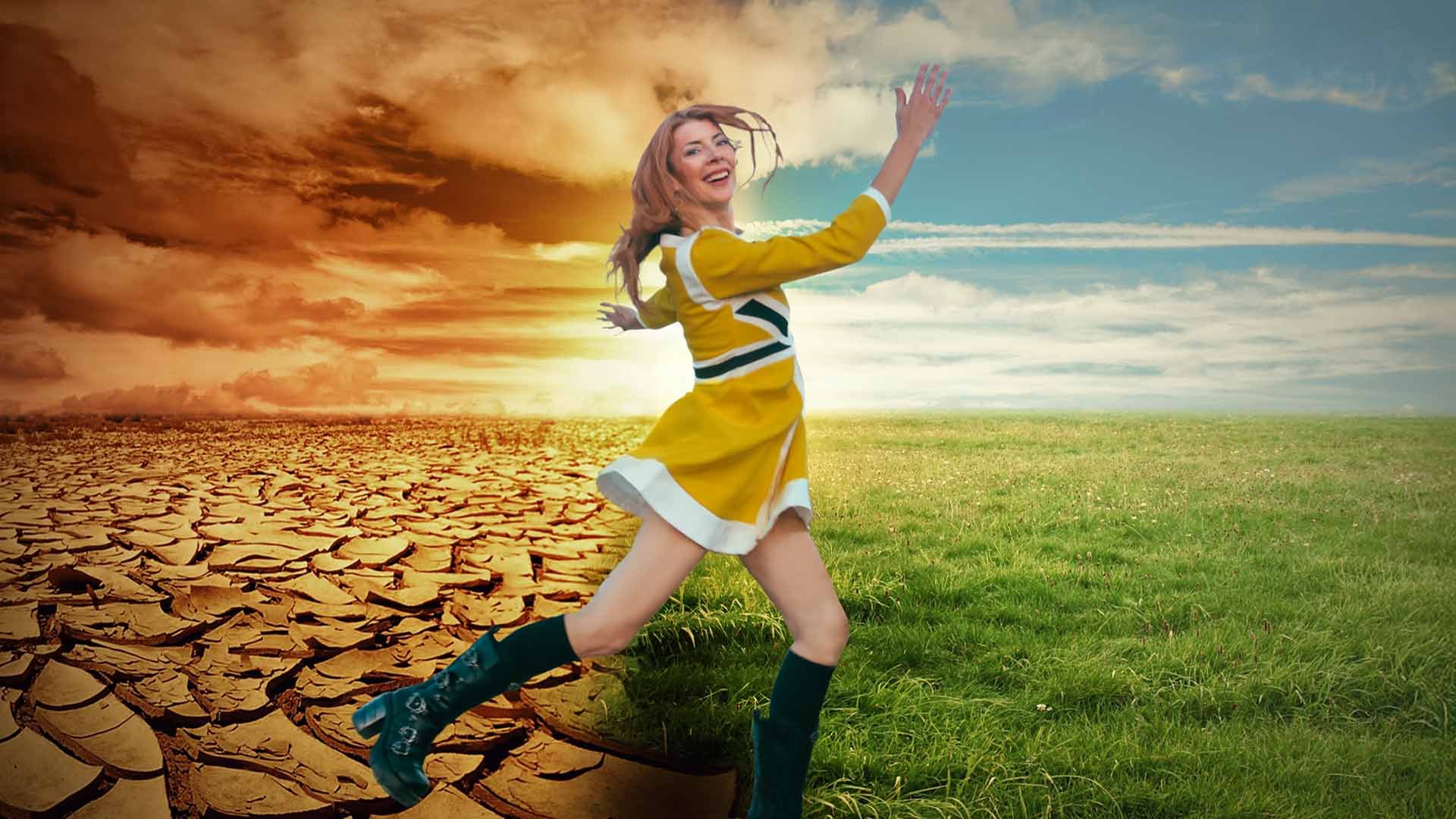 Woman crossing from dry to green land, symbolizing transformation from fatigue to vitality after NMN supplementation