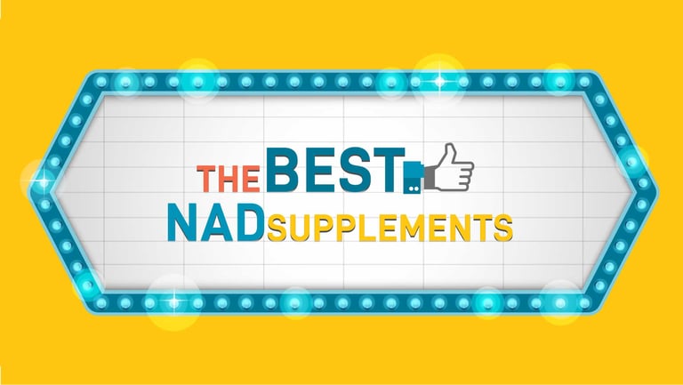 Retro-style sign with lights reading 'The Best NAD Supplements' on a bright yellow background