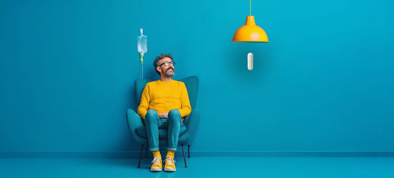 Man in yellow sweater sitting with IV drip, looking at a capsule under a lamp