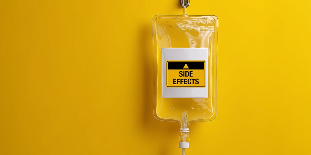 Yellow IV bag labeled “Side Effects” against a yellow background