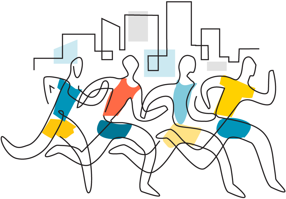 Dibujo lineal de corredores con coloridos atuendos deportivos con una ciudad de fondo