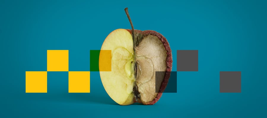 Half-fresh, half-rotting apple illustrating cellular aging