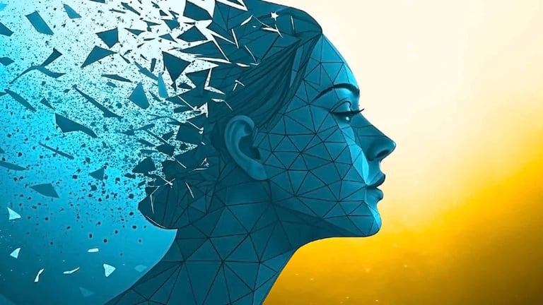 Illustration of a human head breaking into fragments to represent aging and cell damage