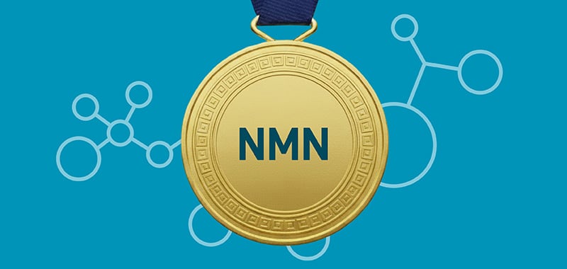 Ilustración de una medalla de oro que destaca al NMN como el precursor de NAD de referencia para la energía y el envejecimiento saludable