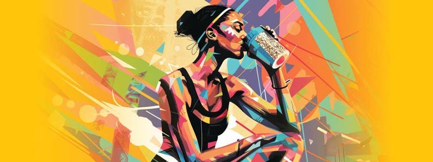 A stylized illustration of a woman drinking from a shaker bottle, symbolizing a daily health or supplement routine