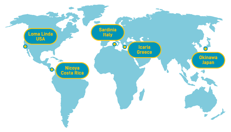 World map highlighting the five Blue Zones known for longevity, including Okinawa, Sardinia, and Loma Linda