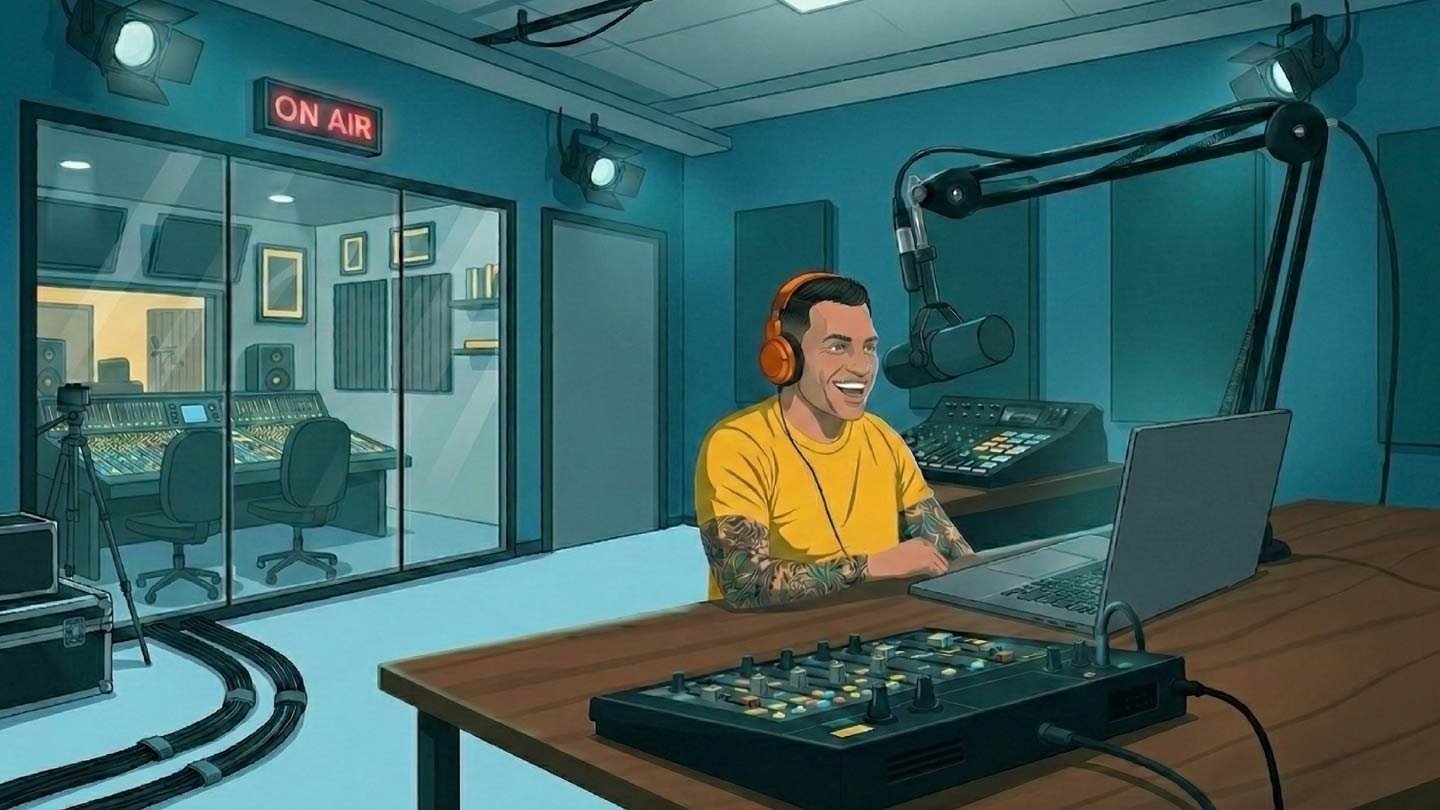 Una ilustración de Joe Rogan sentado en un estudio de podcast de alta tecnología, vistiendo una camiseta amarilla y auriculares naranjas mientras habla con un micrófono profesional.