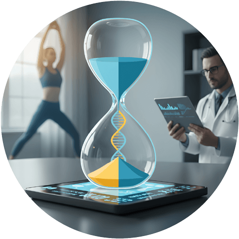 Una ilustración conceptual de un reloj de arena que contiene una hélice de ADN, flanqueado por una persona haciendo ejercicio y un médico revisando datos médicos para representar la medición de la edad biológica