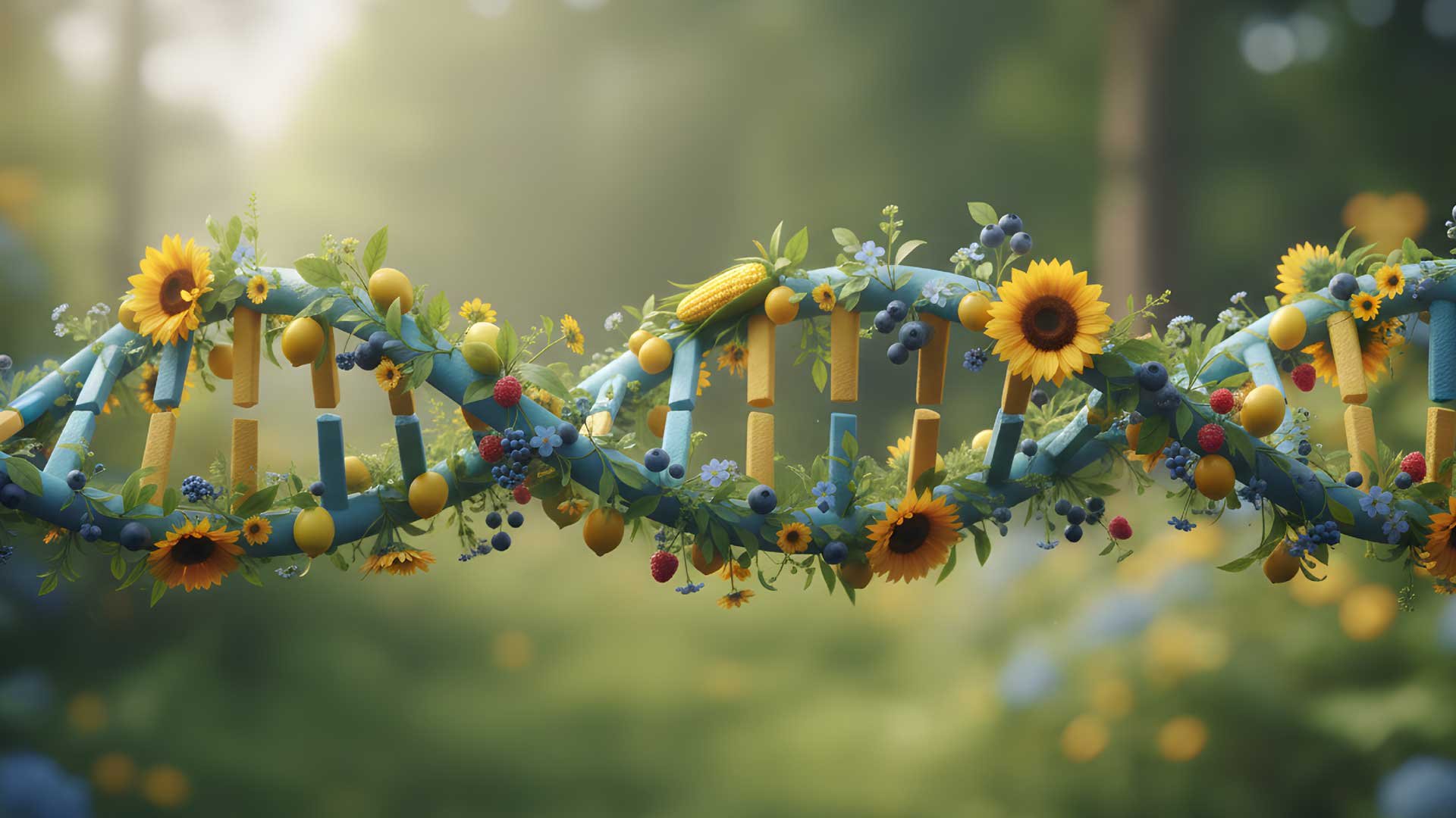 Ilustración de una doble hélice de ADN entrelazada con girasoles vibrantes, frutas cítricas y bayas