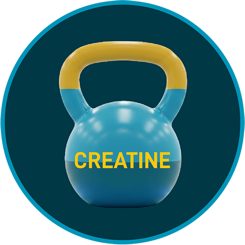 Una pesa rusa (kettlebell) de colores azul y amarillo con la palabra "CREATINA" en el centro, dentro de un marco circular color azul verdoso.