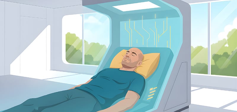 Una ilustración digital de un hombre descansando en una cápsula de recuperación médica de alta tecnología y estilo futurista.