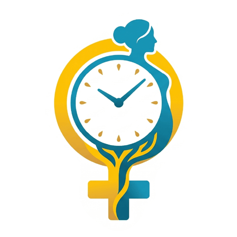 A conceptual logo in teal and gold featuring the female gender symbol (Venus symbol) integrated with several elements. Inside the circle is a clock face representing time, and the right side of the symbol is shaped like the silhouette of a woman. Root-like veins grow upward from the base, symbolizing the "biological clock," fertility, or the transition into menopause.