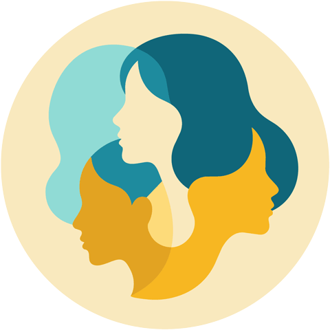 A circular graphic featuring overlapping silhouettes of three women's profiles in a minimalist, flat art style. The profiles face different directions and are rendered in a palette of teal, mustard yellow, and pale cream. The overlapping shapes create a sense of unity and diversity, often used to represent women's health, sisterhood, or community.