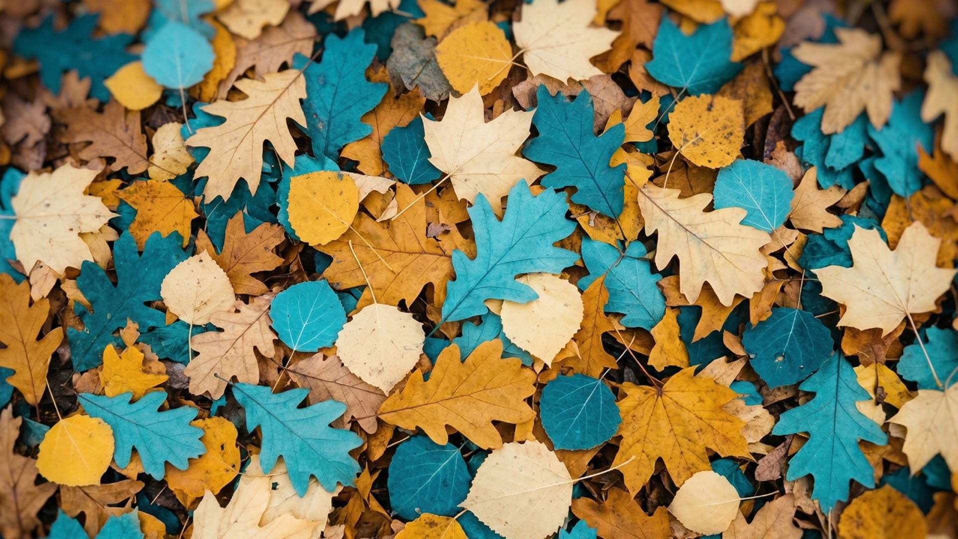 A top-down view of a dense pile of autumn leaves in various shapes, including oak, maple, and aspen. The leaves are styled in a striking color palette of teal, mustard yellow, ochre, and pale cream, creating a modern, artistic take on a fall forest floor.
