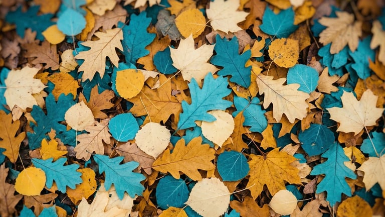 A top-down view of a dense pile of autumn leaves in various shapes, including oak, maple, and aspen. The leaves are styled in a striking color palette of teal, mustard yellow, ochre, and pale cream, creating a modern, artistic take on a fall forest floor.