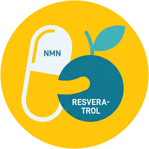 Una ilustración icónica dentro de un círculo amarillo que muestra una cápsula blanca y amarilla etiquetada como "NMN" entrelazada con una fruta azul en forma de naranja etiquetada como "RESVERATROL", simbolizando la comparación entre las moléculas de longevidad basadas en suplementos y las derivadas de alimentos