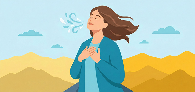 Ilustración de una mujer con los ojos cerrados y las manos sobre el corazón, respirando aire fresco con un telón de fondo de montañas doradas y un cielo azul, que representa el bienestar y la vitalidad