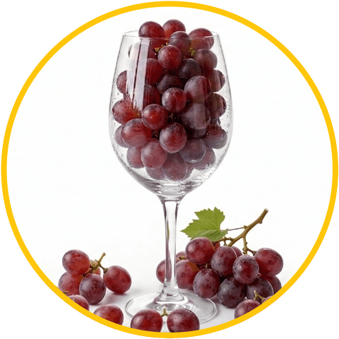 Una copa de vino llena hasta el borde con uvas rojas frescas, rodeada de uvas sueltas en la base, enmarcada por un borde circular amarillo sobre un fondo blanco