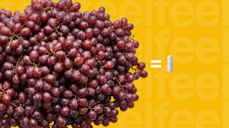 A large cluster of red grapes next to an equals sign and a single white supplement capsule on a yellow background, illustrating the high concentration of resveratrol in supplements compared to food