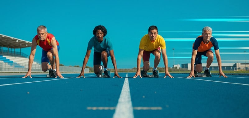 Cuatro atletas en sus tacos de salida en una pista de atletismo azul, concentrados y listos para competir bajo un cielo azul despejado, con estelas borrosas de movimiento en el lado derecho.