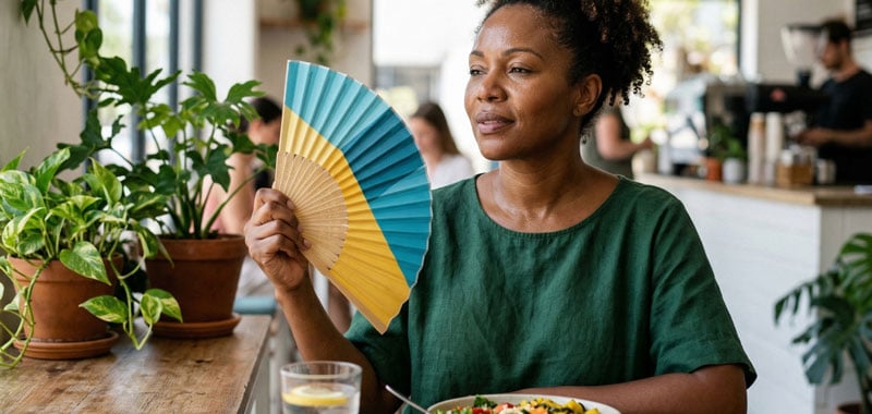 A woman with a visible sheen of sweat on her face uses a teal and yellow folding hand fan to cool herself while sitting in a bright café. She is wearing a green linen shirt and looking off-camera with a weary but patient expression. The image effectively illustrates a hot flash, a common symptom of menopause or perimenopause.