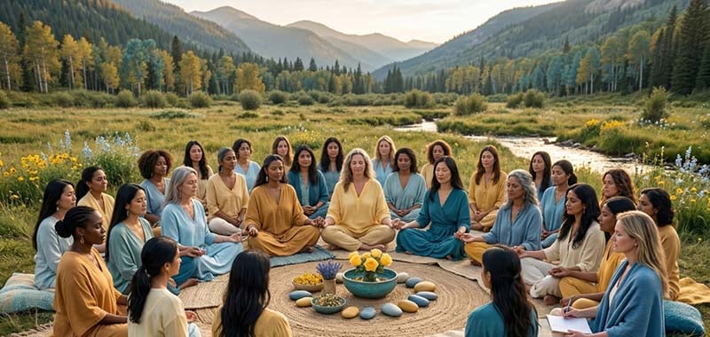 A large, diverse group of women sitting in a wide circle in a lush mountain meadow at sunset. They are dressed in flowing clothes of muted yellow, teal, and soft blue, many with their eyes closed in meditation. In the center of the circle is a decorative arrangement of yellow flowers and smooth stones on a woven rug. A winding stream and evergreen forests are visible in the background under a soft, golden sky.