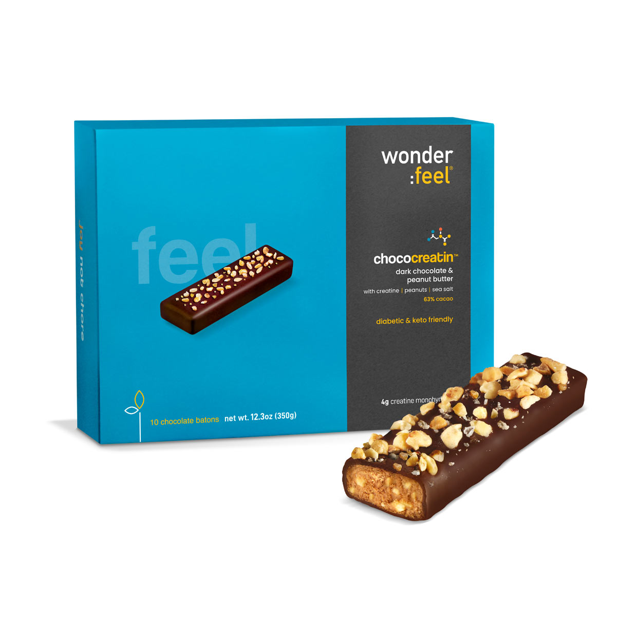 Wonderfeel ChocoCreatin dark chocolate peanut butter creatine bar topped with peanuts and salt, shown with product box.