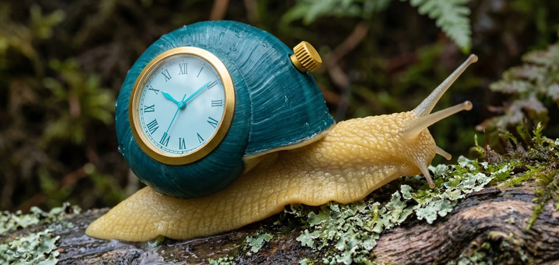 Una imagen surrealista de un caracol amarillo arrastrándose sobre un tronco con musgo. El caparazón del caracol es de color turquesa oscuro y cuenta con la esfera de un reloj de estilo vintage con números romanos y bordes dorados, simbolizando el reloj biológico y el lento paso del tiempo.