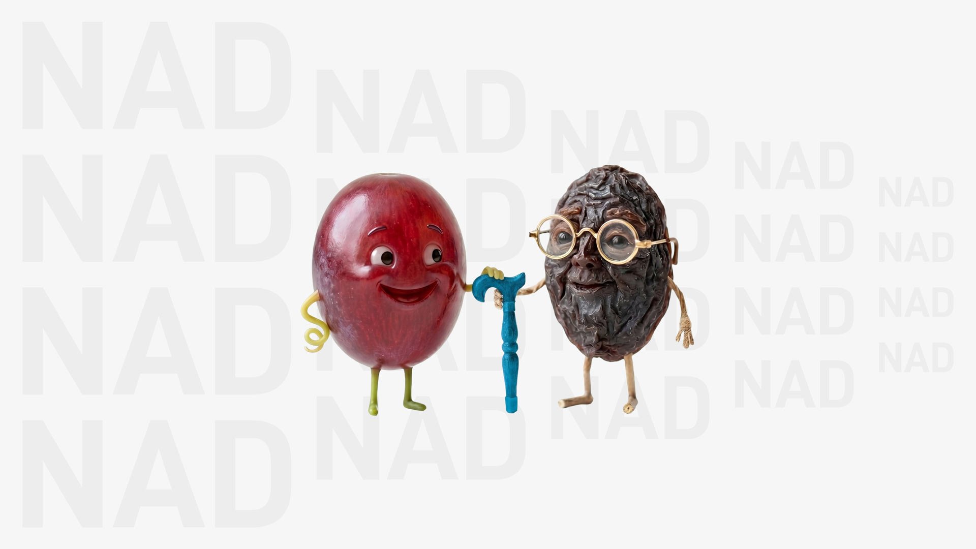 Una ilustración ingeniosa que muestra a una uva roja vibrante junto a una pasa arrugada que usa anteojos y un bastón. En el fondo, el texto "NAD" se desvanece, pasando de ser grande y nítido detrás de la uva a ser pequeño y tenue detrás de la pasa, simbolizando la disminución de los niveles de NAD durante el envejecimiento.