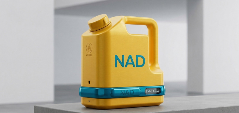 Un bidón de combustible de alta tecnología en color amarillo con las letras "NAD" impresas en turquesa. El bidón incluye una pantalla digital en la base que marca "85% | 1.2 GAL" y un pequeño icono de llama con la etiqueta "H2 FUEL", funcionando como una metáfora visual del NAD+ como la fuente principal de energía celular.
