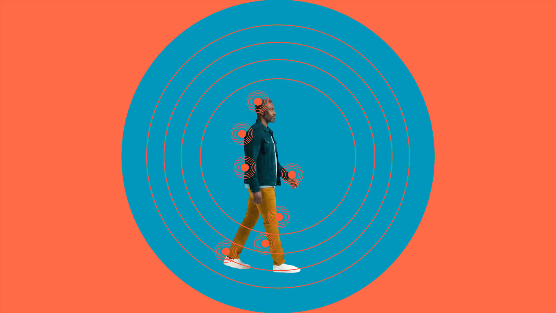 Illustration of a person walking with highlighted joints and concentric circles radiating from the body, representing chronic inflammation and its impact on aging, mobility, and overall health.