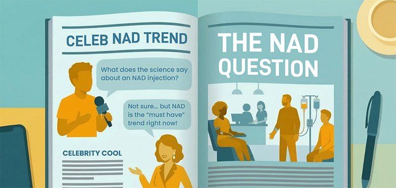 Split illustration comparing marketing claims about NAD injections on one side with scientific evidence on the other, representing the gap between hype and proof.
