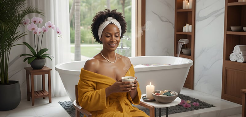 Woman relaxing in a spa-like setting with herbal tea, candles, and a soaking tub, representing stress management, relaxation, and lifestyle habits that help reduce chronic inflammation.