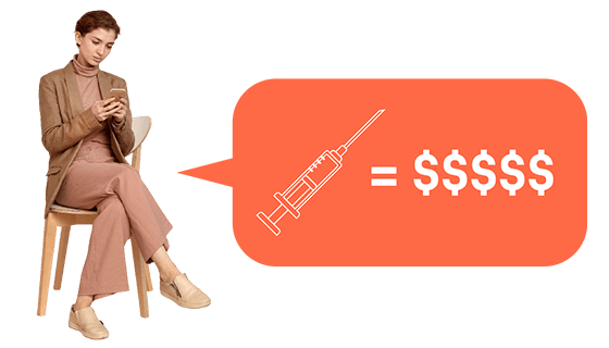 Woman sitting on a chair looking at her phone next to a speech bubble showing a syringe icon equal to multiple dollar signs, illustrating the high cost of NAD injections.